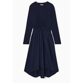 COS Asymmetric navy Gathered Waist midi dress with long sleeves