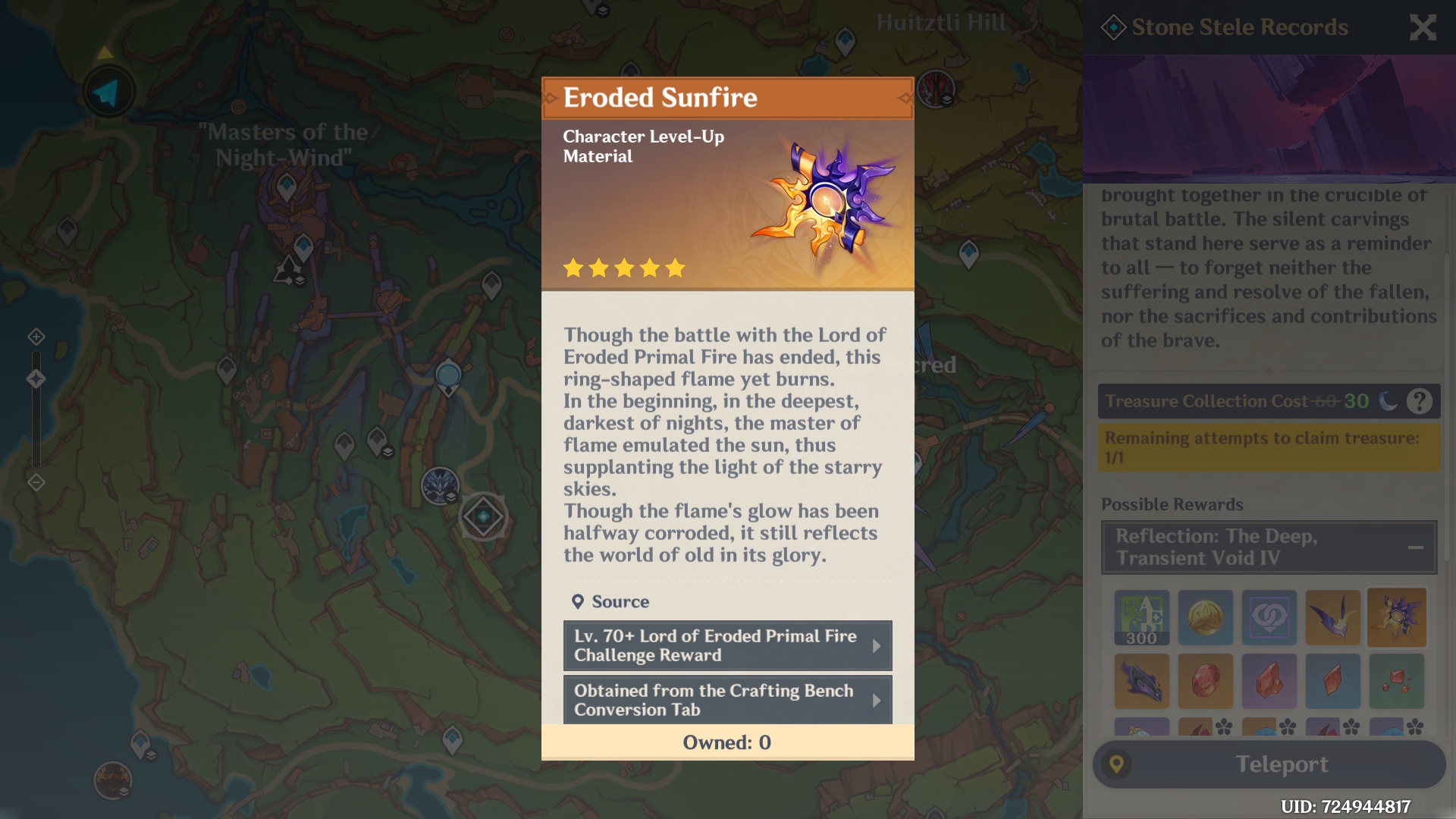 Genshin Impact Ineffa materials and kit - menu view and description of the Eroded Sunfire skill material