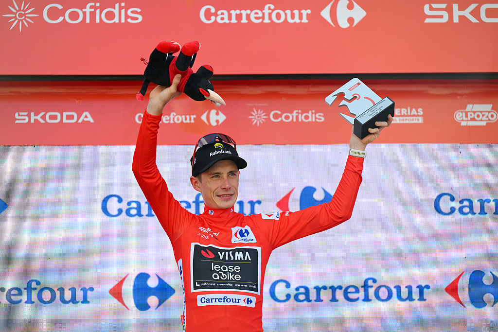 VALLADOLID, SPAIN - SEPTEMBER 11: Jonas Vingegaard of Denmark and Team Visma | Lease a Bike - Red Leader Jersey celebrates at podium during the La Vuelta - 80th Tour of Spain 2025, Stage 18 a 12.2km individual time trial stage from Valladolid to Valladolid / Stage shortened for safety reasons / #UCIWT / on September 11, 2025 in Valladolid, Spain. (Photo by Tim de Waele/Getty Images)