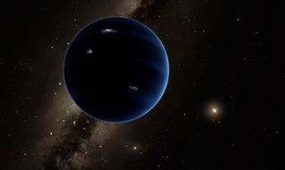 A giant planet similar to Uranus or Neptune may orbit the sun in the solar system's outer reaches. Planet Nine is shown here in an artist's impression that includes hypothetical lightning on the planet's surface. The bright star to the right is the sun.