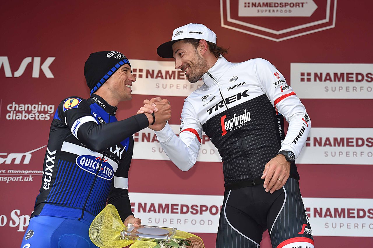 Zdenek Stybar and Fabian Cancellara shake hands on the podium