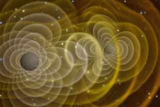 3D visualization of gravitational waves produced by two orbiting black holes.