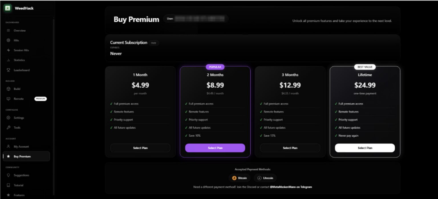 A screenshot of what the portal to purchase WeedHack looks like.