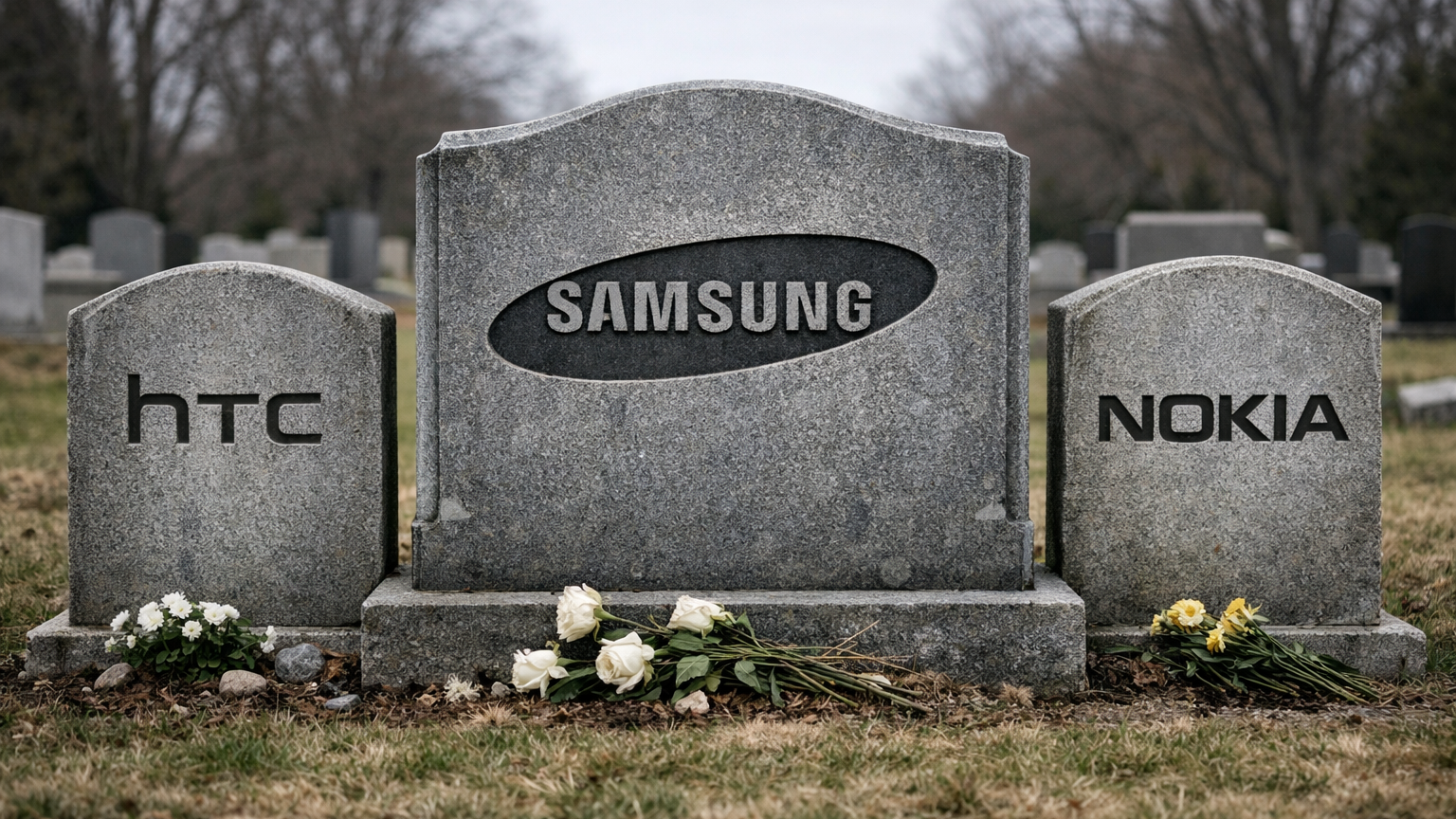 AI-generated image of three grave stones, each engaved with the logo of a major phone brand