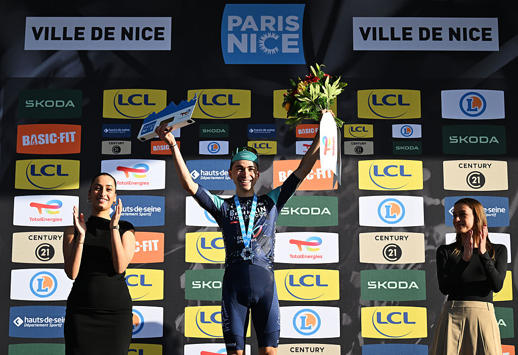 NICE, FRANCE - MARCH 15: Lenny Martinez of France and Team Bahrain - Victorious celebrates at podium as stage winner during the 84th Paris-Nice 2026, Stage 8 a 129.2km stage from Nice to Nice / #UCIWT / on March 15, 2026 in Nice, France. (Photo by Szymon Gruchalski/Getty Images)