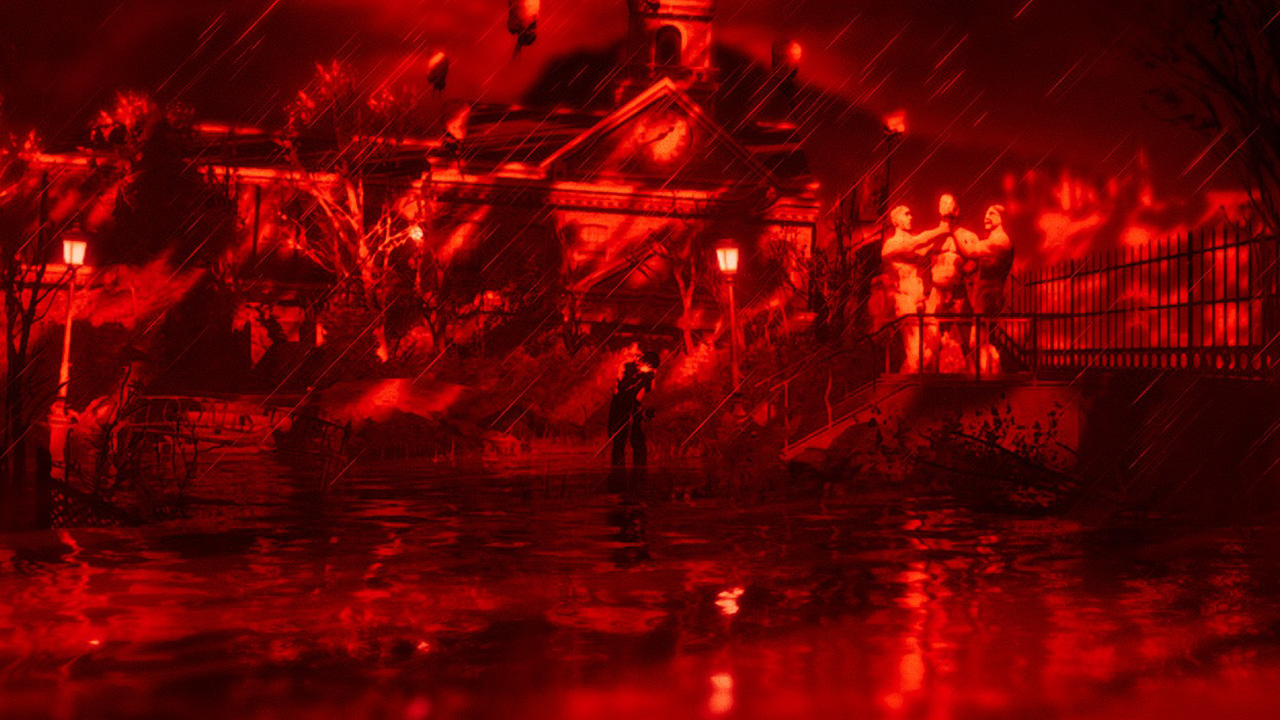 A figure stands within stark red light in Silver Pines' exterior