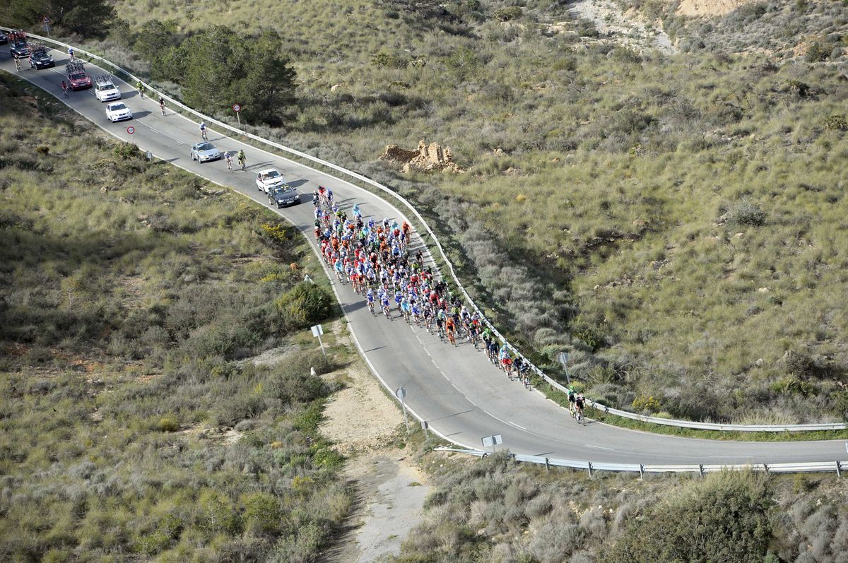 The peloton was all together at the foot of the climb