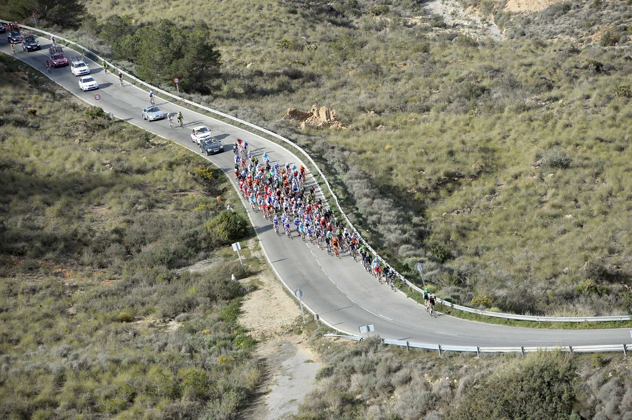 The peloton was all together at the foot of the climb