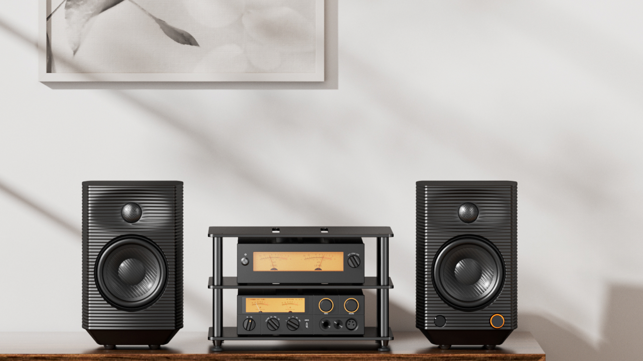 Lifestyle images of the FiiO SP5 active speakers on a sideboard with FiiO amp and DAC between them.