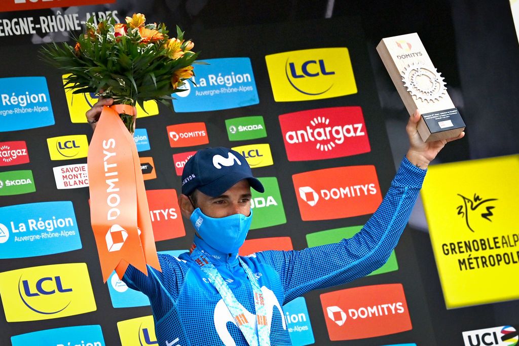 Spanish Alejandro Valverde of Movistar Team celebrates on the podium after winning the sixth stage of the 73rd edition of the Criterium du Dauphine cycling race 1675 Km from LoriolsurDrome to Le SappeyenChartreuse France Friday 04 June 2021 BELGA PHOTO DAVID STOCKMAN Photo by DAVID STOCKMANBELGA MAGAFP via Getty Images