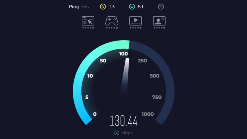 An in-progress internet speed check designed to emulate a car&#039;s speed gauge. The dial is pointed towards 130.44 Mbps.