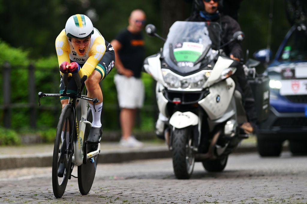BRESCIA ITALY JULY 07 Grace Brown of Australia and Team FDJ SUEZ sprints during the 35th Giro dItalia Women 2024 Stage 1 a 157km individual time trial stage from Brescia to Brescia UCIWWT on July 07 2024 in Brescia Italy Photo by Luc ClaessenGetty Images