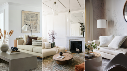 Three living rooms with white sofas