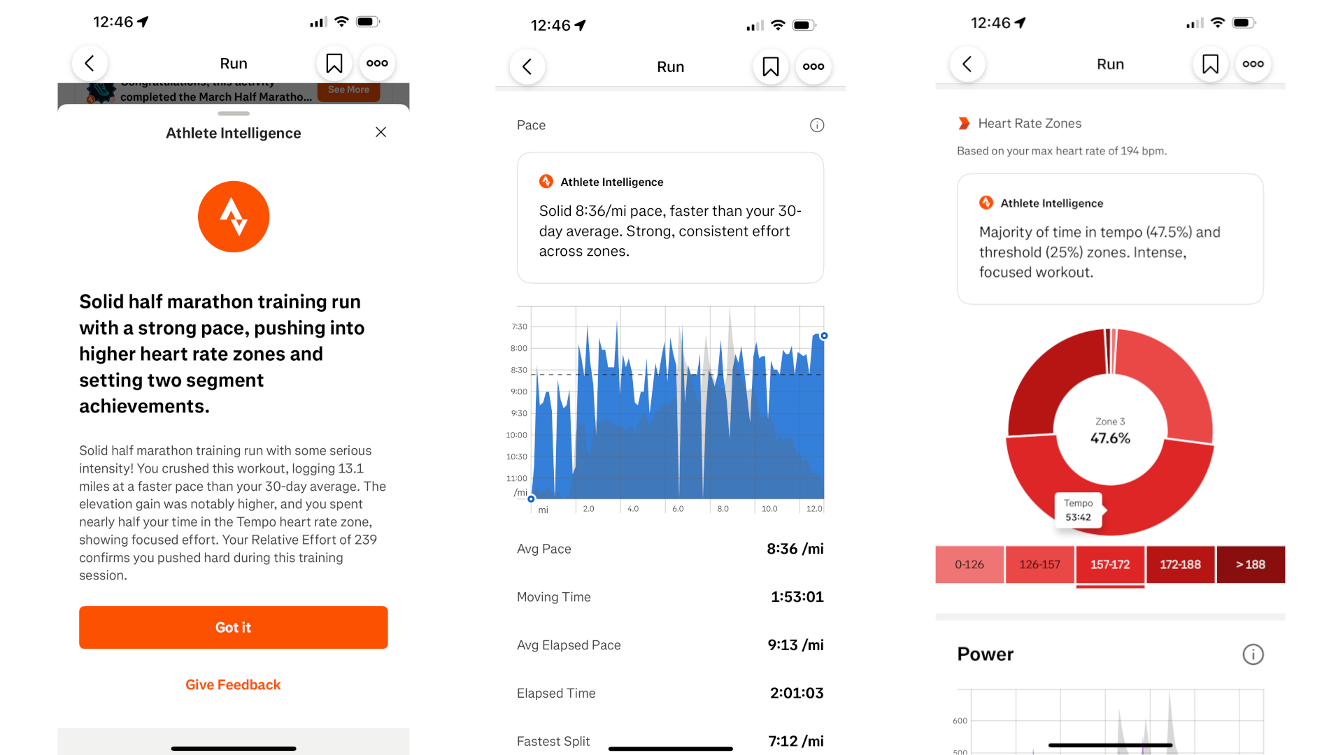 Screenshots showing Strava's Athlete Intelligence: Left - an LLM summary of the athlete's half-marathon run and comparative effort to past runs; center: an LLM summary of how their pace compares to past runs above pace stats; right: an LLM summary of the runner's most common HR zone and the intensity of the workout above a HR chart.