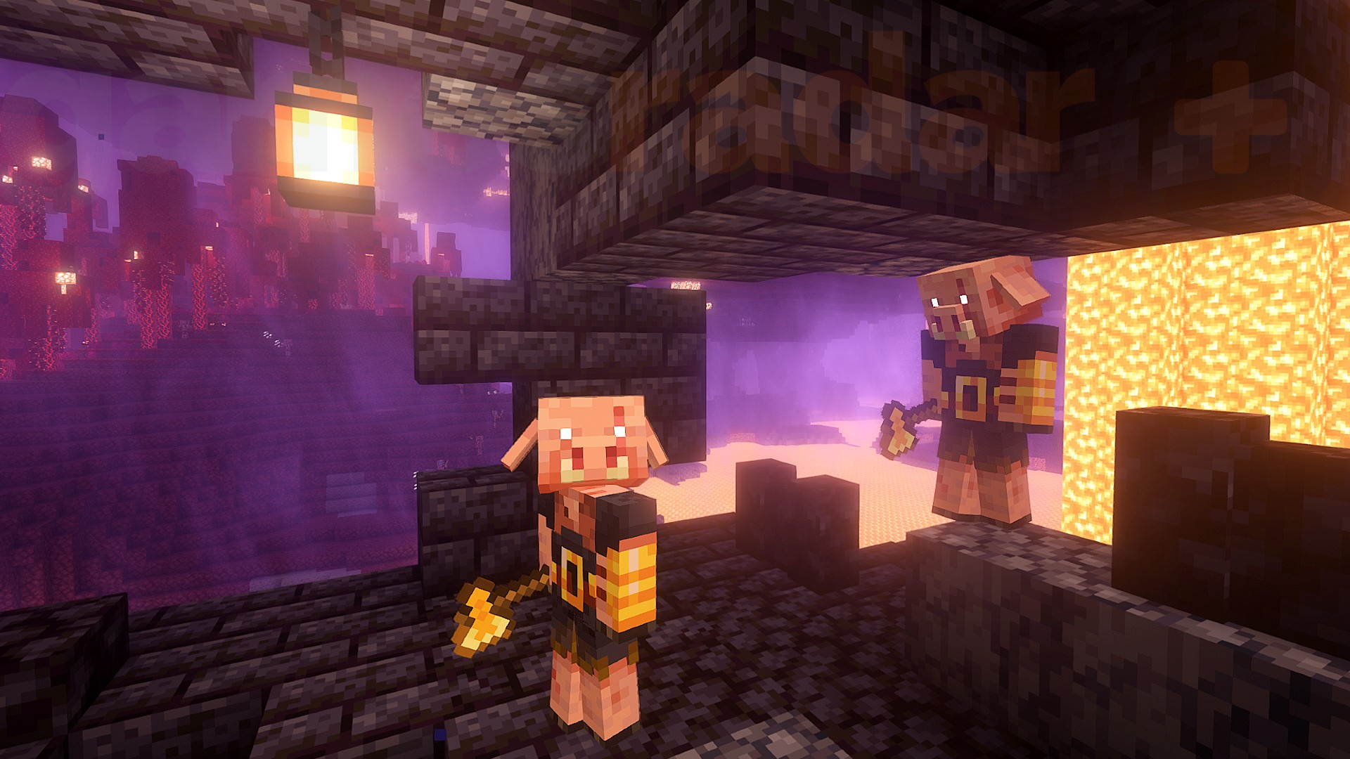 Two Piglin Brutes, hostile Minecraft mobs, stand in a Nether Bastion.