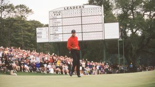 Tiger Woods during the final round of the 1997 Masters Tournament at the Augusta National Golf Club on April 13, 1997