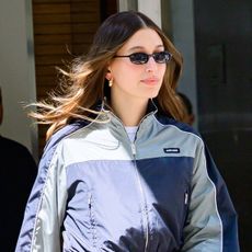 Hailey Bieber wearing a Miu Miu windbreaker