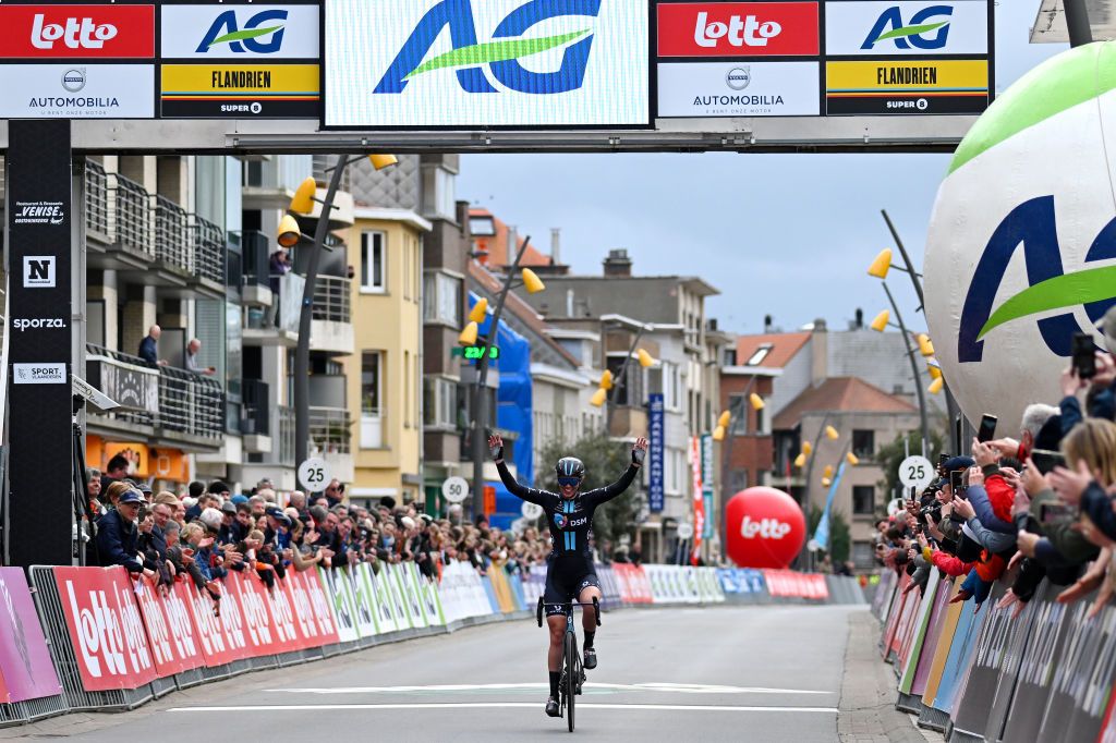 DE PANNE BELGIUM MARCH 23 Pfeiffer Georgi of United Kingdom and Team DSM celebrates at finish line as race winner during the 6th Exterioo Womens Classic BruggeDe Panne 2023 a 1631km one day race from Brugge to De Panne UCIWWT on March 23 2023 in De Panne Belgium Photo by Luc ClaessenGetty Images