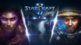 The StarCraft 2 logo above close up face images of (from left to right) Zerg (alien), Protoss (advanced alien), Terran (human).