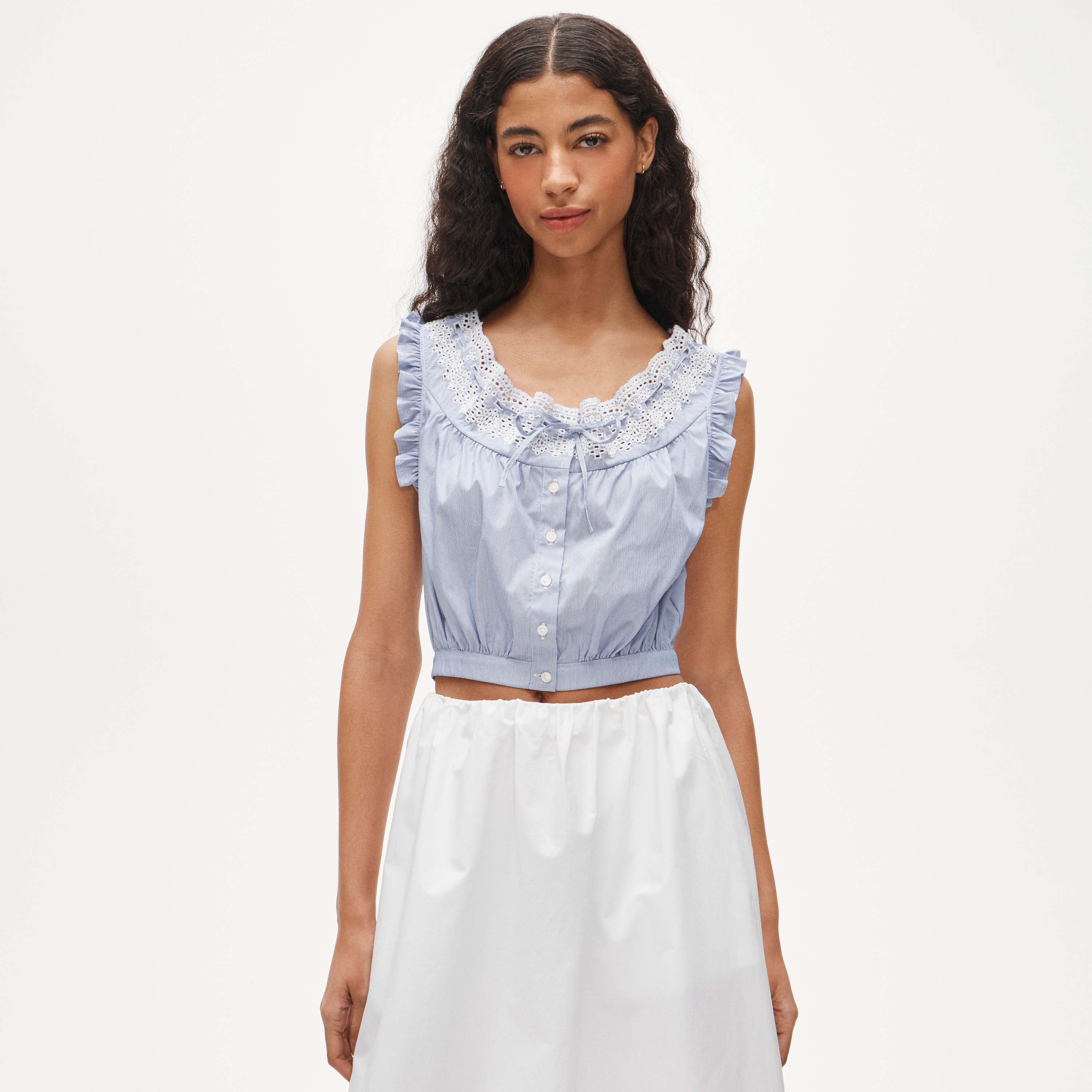 Embroidered Ruffle-Trim Cropped Tank Top