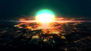 The glare of an exploded nuclear bomb rises over a city.