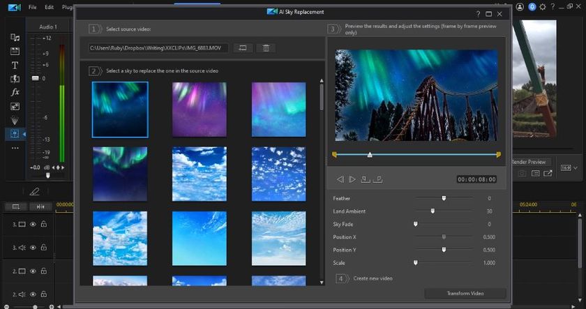 Screenshot of AI sky replacement in video editing software CyberLink PowerDirector