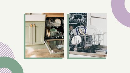 a collage image of two open dishwashers in kitchens, against a background with colorful graphics