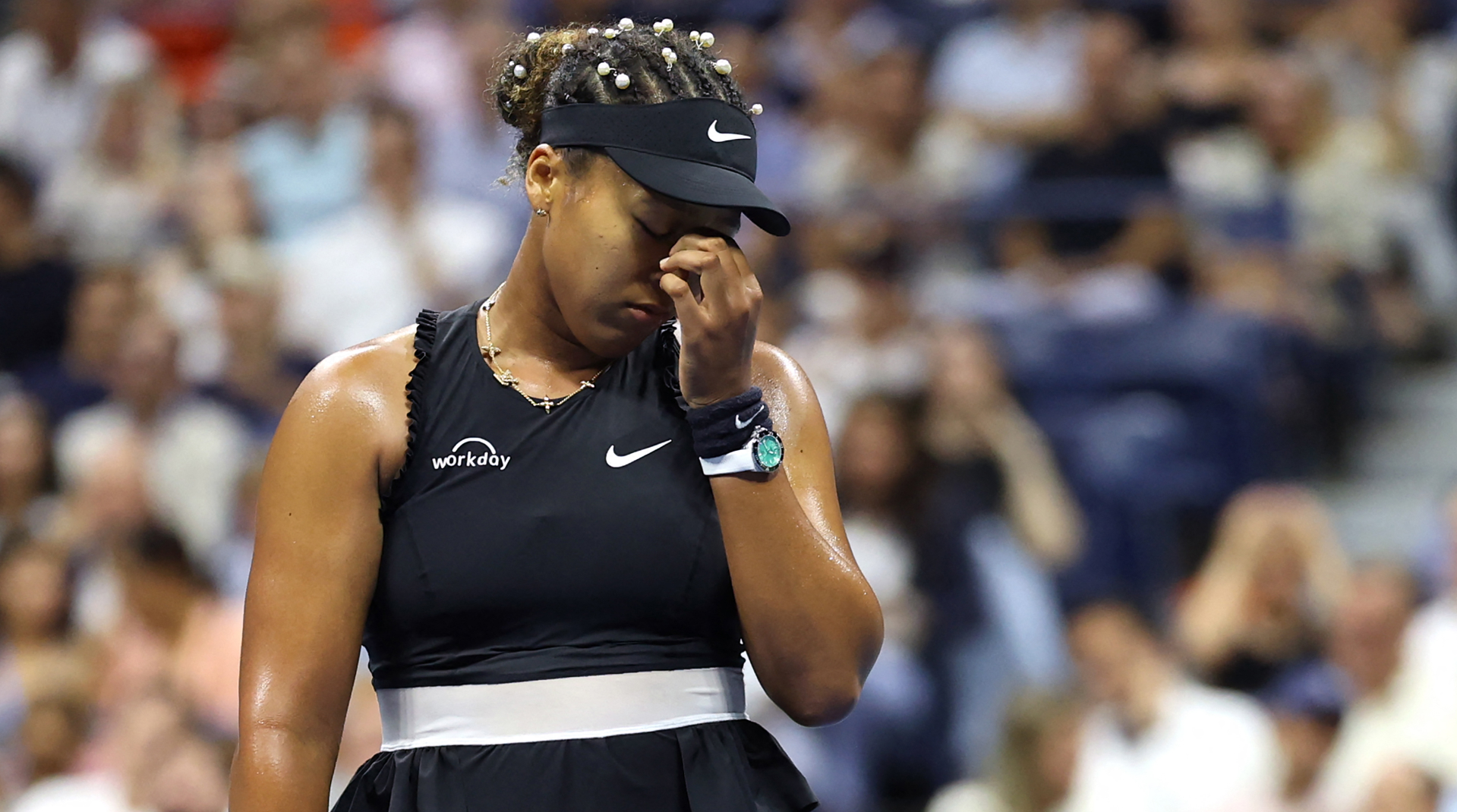 Naomi Osaka reacts during her women's singles second round tennis match against Czech Republic's Karolina Muchova on day four of the US Open tennis tournament at the USTA Billie Jean King National Tennis Center in New York City, on August 29, 2024.