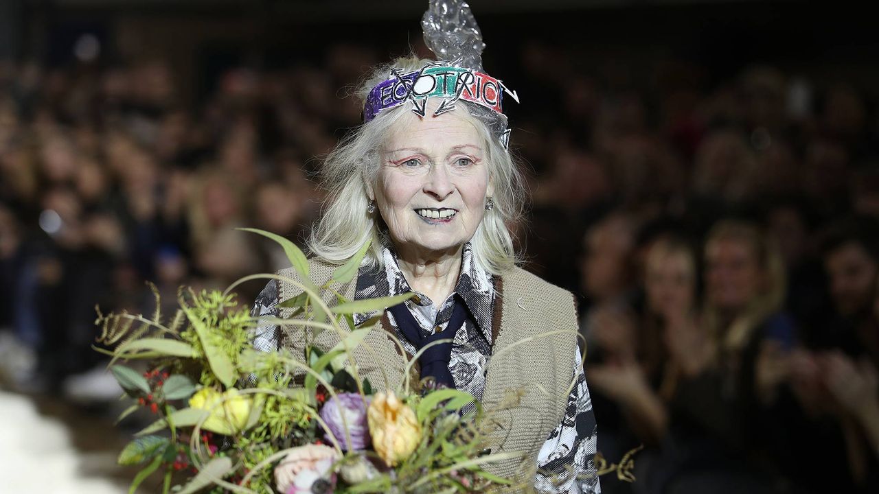 Vivienne Westwood walks the runway at the Vivienne Westwood show during London Fashion Week Men&#039;s January 2017 collections at Seymour Leisure Centre on January 9, 2017 in London, England.