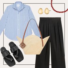 Collage of sandals, basket bag, linen trousers, earrings, necklace