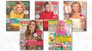 A composite image showing woman&home magazine covers from Feb 2025 back to October 2024, featuring (L-R_ Emilia Fox, Joanna Page, Kate Garraway, Trinny Woodall and Nadiya Hussain