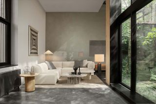 Grey and beige modern living room with white sofa