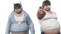Two versions of a fat man in glasses and a singlet that doesn't fit, one with a sweatshirt and cat-ear headphones