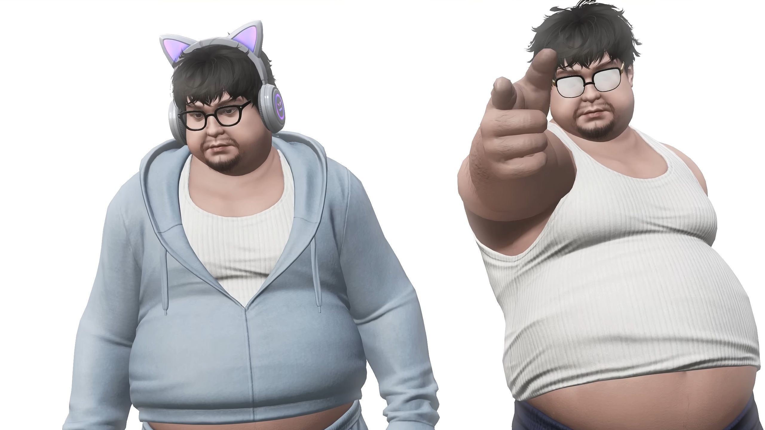 Two versions of a fat man in glasses and a singlet that doesn't fit, one with a sweatshirt and cat-ear headphones