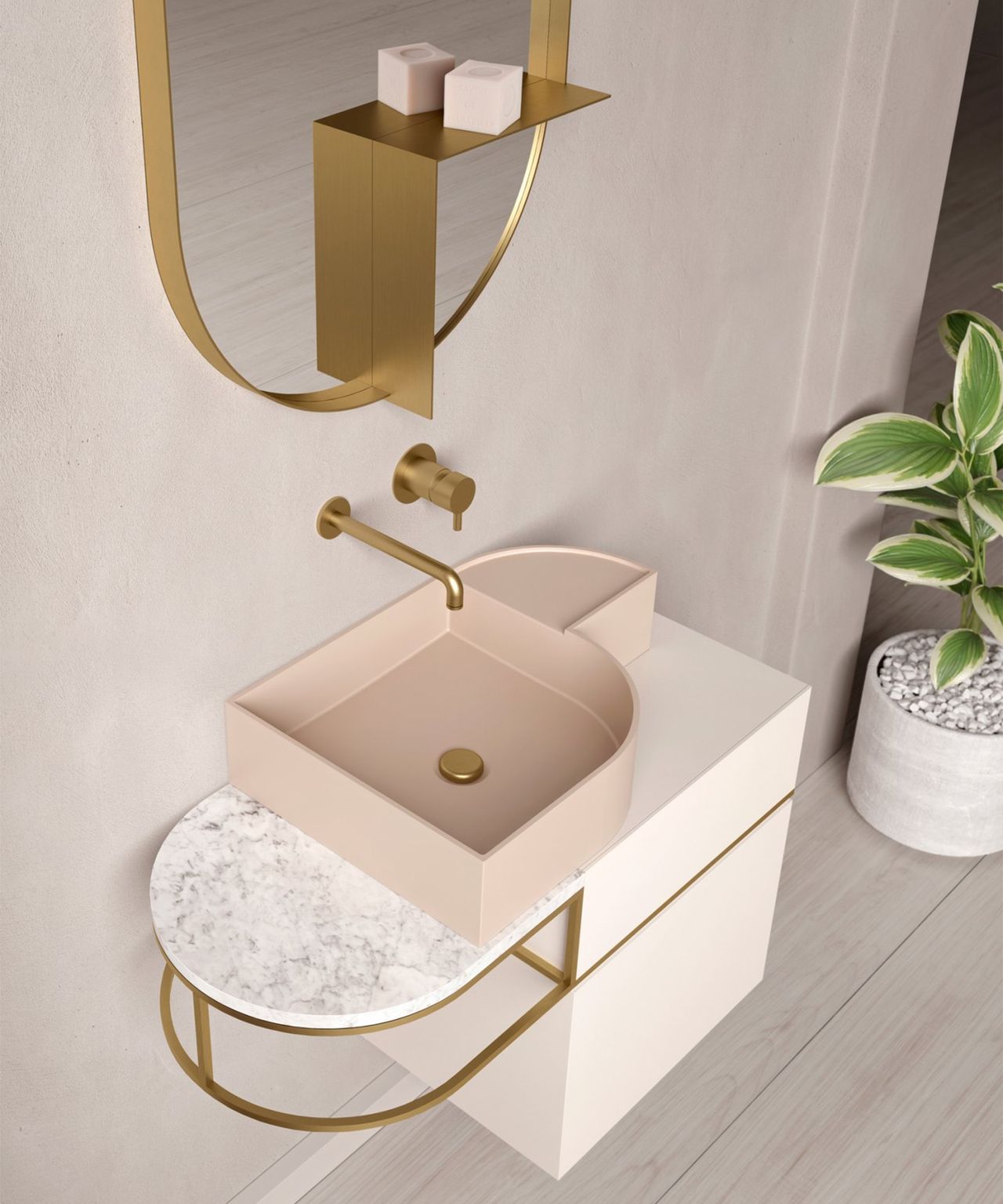 Small Bathroom with Pale Pink Sink by West One Bathroom with Marble Worktop and White Nightstand