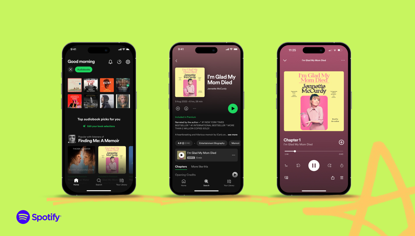 A promo shot of Spotify's audiobooks displayed on three smartphones.