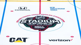 The lines and logos are placed down on the ice in preparation for the 2024 Navy Federal Credit Union NHL Stadium Series at MetLife Stadium on February 11, 2024 in East Rutherford, New Jersey. 