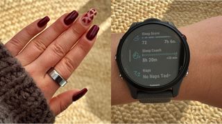 The silver Oura Ring 3 on woman's hand (left) Garmin watch displaying sleep coaching (right)