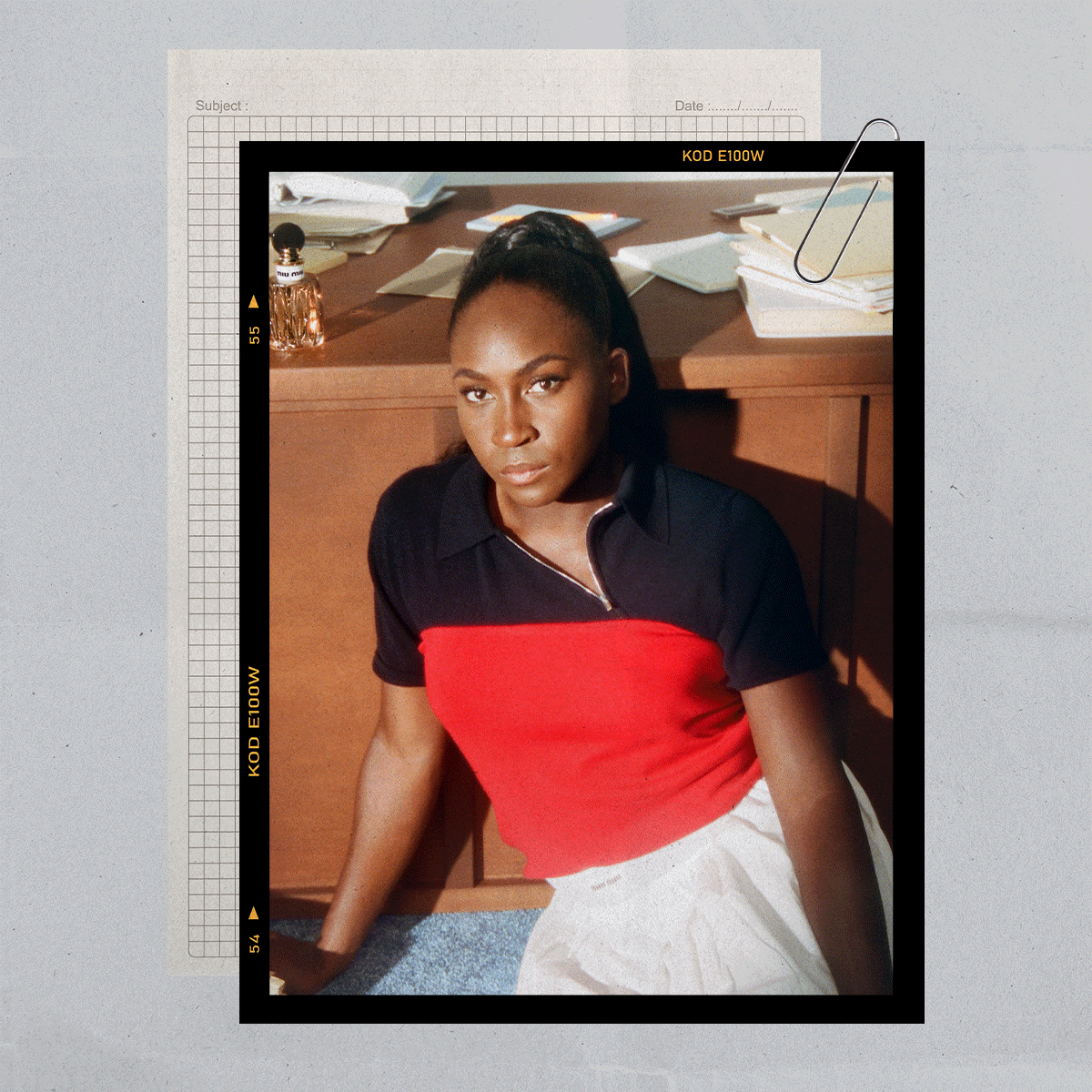 Photo collage of Coco Gauff winning the 2025 French Open, at the 2025 Vanity Fair Oscar Party, and for Miu Miu Beauty's Miutine campaign 