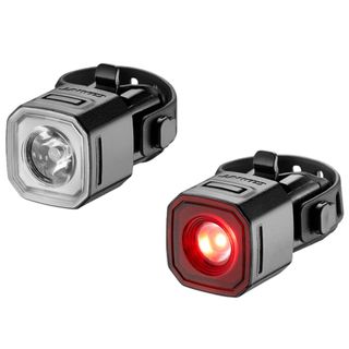 Giant HL 100 front and rear combo set, sat on a white background. A front white light and red rear light, in small square casings and flexible strap to mount with.