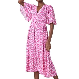 Roman Pink Zig Zag Print tiered Hem Dress 