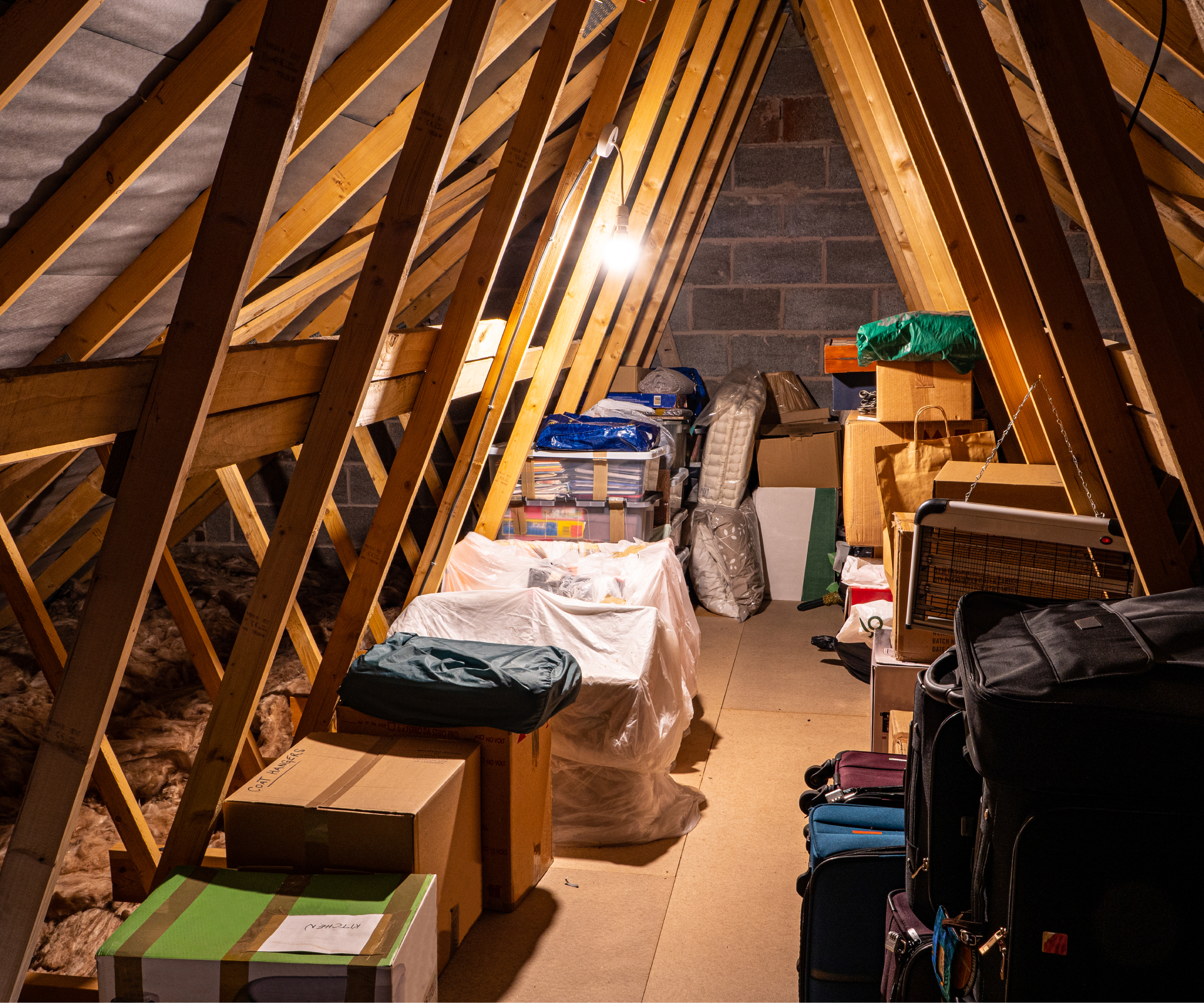 loft with narrow section of boarded floor space crammed with boxes and belongings