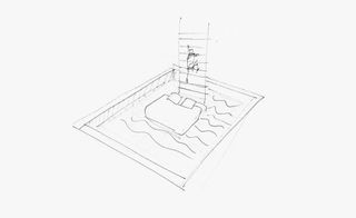 A drawing of a bed inside a pool with a ladder above.