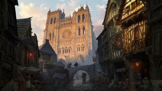 Concept art of Total War: Medieval 3 showing a medieval town built beneath a looming cathedral 