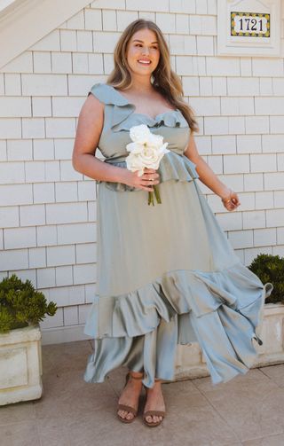 Reese Ruffle Dress ~ Silver Sage Luxe Satin Xxs