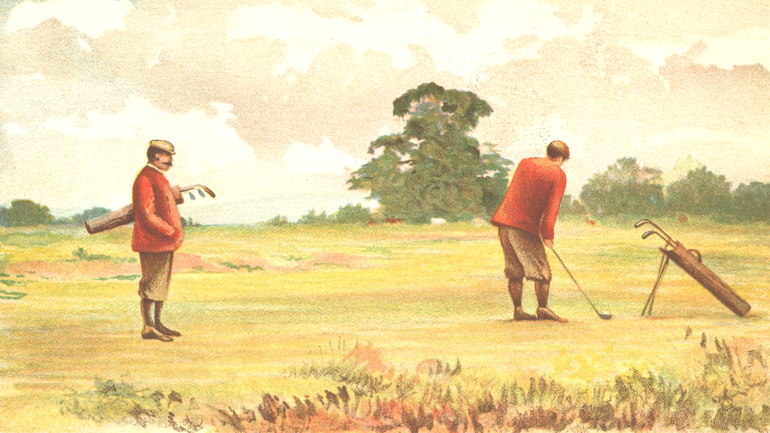 Vintage etching circa 19th century of golfers 