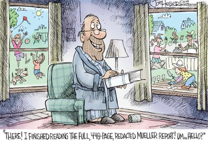 Political Cartoon U.S. Reading the Mueller Report