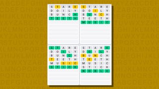Quordle daily sequence answers for game 788 on a yellow background