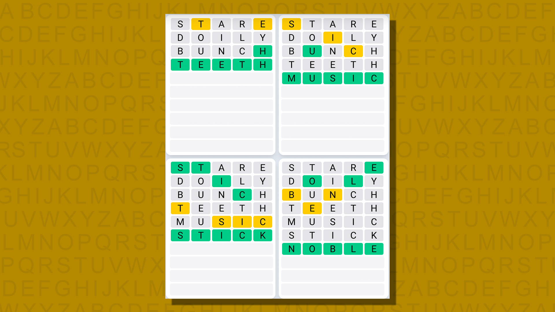 Respuestas de secuencia diaria de Quordle para el juego 788 sobre un fondo amarillo