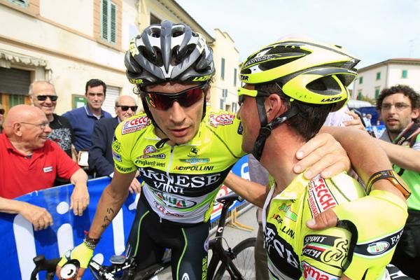 Race winner Filippo Pozzato is congratulated by Farnese Vini-Selle Italia teammate Matteo Rabottin.